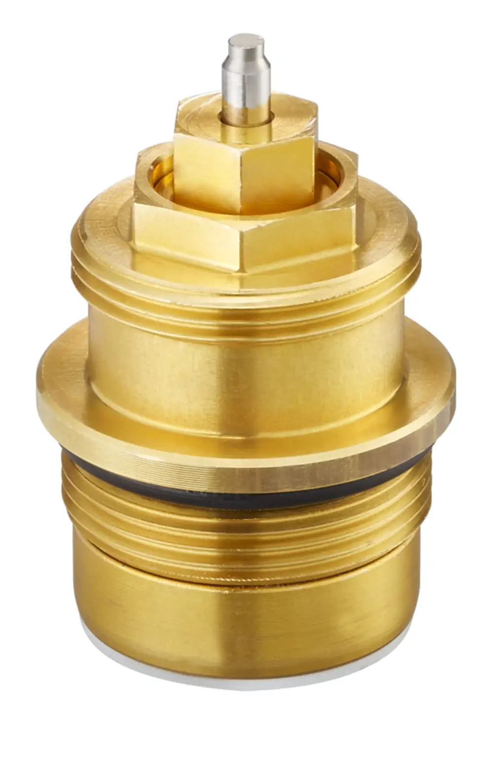 Goldfarbener Ventileinsatz von Oventrop mit einer zentralen Spitze, gerillter Oberfläche und Dichtungsring. Eignet sich für verschiedene Heizsysteme.
